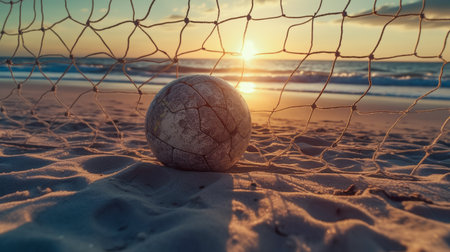 Beach Soccer. Empty gates and soccer ball on sand on coastline. Silhouette in light of sunlight evening sunset. Generative AIの素材
