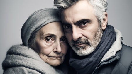 Adult man hugging his elderly mother. Happy senior woman and loving son. Generative AIの素材