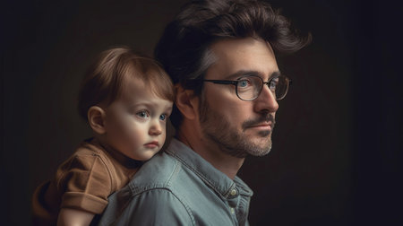Portrait of man with beard with little son. Dad holds small child in his arms on black background. Generative AIの素材