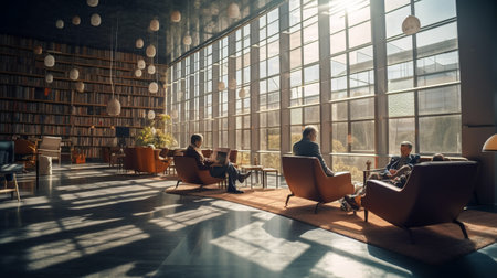 People in library read books. Light modern trendy spacious library with large windows and sunlight. Place of rest and leisure for citizens, young people and elderly. Generative AIの素材