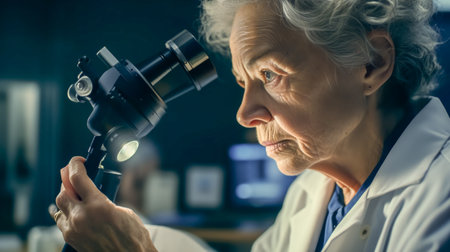 Elderly woman doctor conducts research with microscope in laboratory. Generative AIの素材