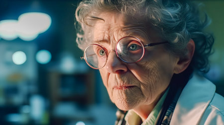 Portrait of elderly female doctor with smart look and kind eyes. Generative AIの素材