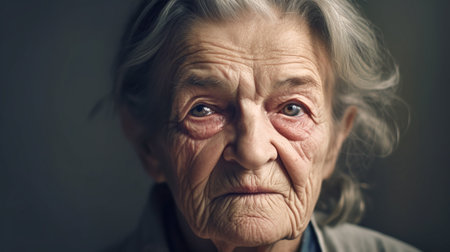 Portrait of old woman, Close-up. Elderly female with wrinkles looks at camera. Generative AIの素材