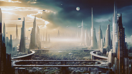 Panoramic view of city of future. Skyscrapers, highways are intertwined. Flying transport. Futuristic megapolis town. Generative AIの素材