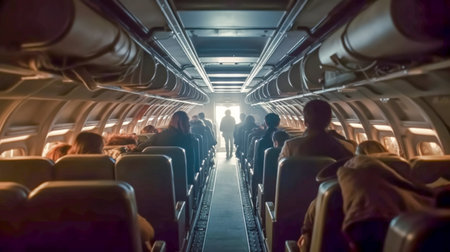 Aircraft passengers sit in their seats. Something is happening at entrance to plane. Someone rises from their chairs. Back view. Generative AIの素材