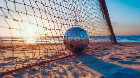 Beach Soccer. Empty gates and soccer ball on sand on coastline. Silhouette in light of sunlight evening sunset. Generative AIの素材