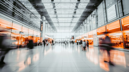 Modern business center with blurry movements of people. Fashionable glass light hall with walking business people, abstract image. Generative AIの素材