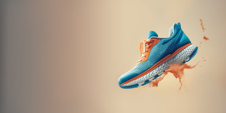 Fashionable trendy blue-orange sneakers fly with splashing background. Modern sports shoes for running and training in gym. Creative minimalism layout. Banner with place for text. Generative AIの素材