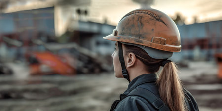 Young woman builder on construction site. Female worker wearing protective helmet inspects construction. Back view. Generative AIの素材