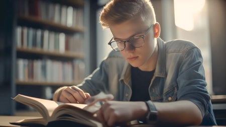 Boy student reads book in library. Man sits at table in atmospheric room with books on shelves. Generative AIの素材