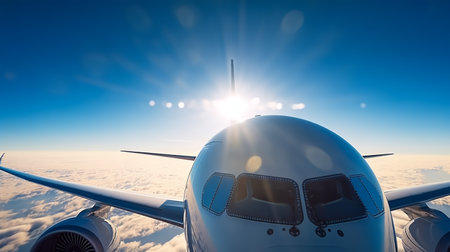 Commercial airplane flies high in blue sky above white clouds. Sun with rays shines brightly in sky. Adventure and travel concept. Generative AIの素材