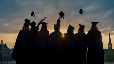 Graduates in robes and caps throw up their hats after graduation. Ceremony is tradition of graduation. Silhouettes of students in light of suns rays who graduated from higher university. Generative AIの素材