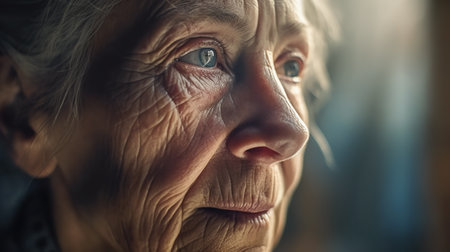 Portrait of old woman, Close-up. Elderly female with wrinkles. Generative AIの素材