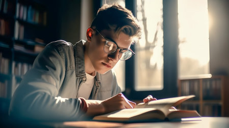 Boy student reads book in library. Man sits at table in atmospheric room with books on shelves. Generative AIの素材