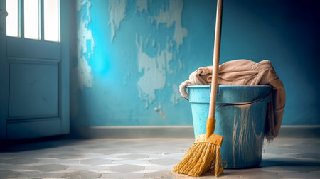 Blue bucket with mop against blue wall. Soap suds, floor cloth and brush for cleanliness and order, copy space. Generative AIの素材