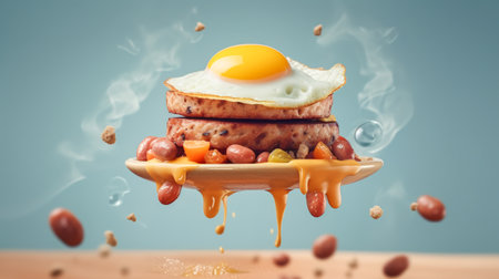 Tasty traditional Colombian food. Juicy Bandeja Paisa fly with splashing blue background. Generative AIの素材