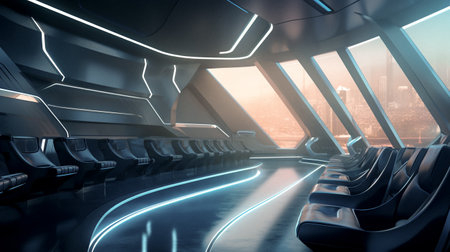 Large auditoriums with seats in futuristic city. Luxury modern conference hall. AI Generativeの素材