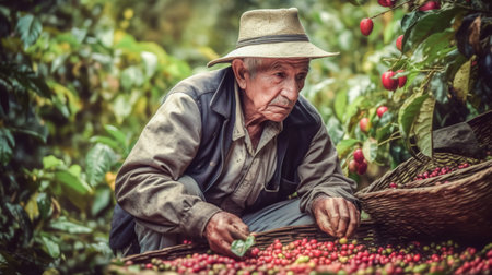 Colombian man wearing hat harvesting ripe coffee on plantation. Portrait of Farmer picking red bean. AI Generativeの素材