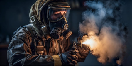 Portrait of female firefighter in protective clothing. Girls face stained in soot after extinguishing fire. Generative AIの素材