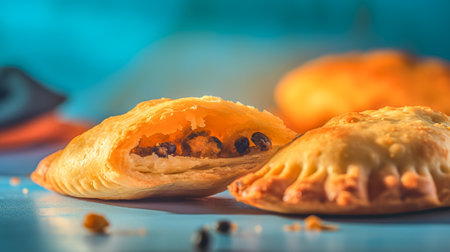Traditional American meal. Tasty empanadas on blue background. Generative AIの素材