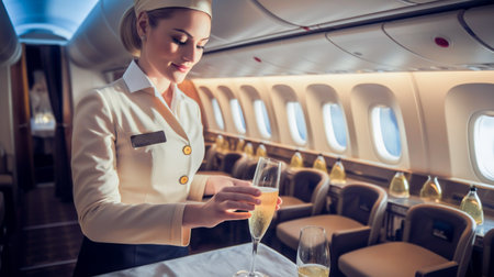 Stewardess pours champagne into glasses. Serving on board aircraft during flight in business class. Generative AIの素材