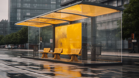 Empty bus stop with blank billboard. Night neon illumination in futuristic city. Mockup of bus station with blank advertising light box. Generative AIの素材