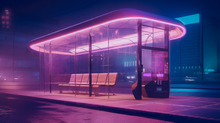 Empty bus stop with blank billboard. Night neon illumination in futuristic city. Mockup of bus station with blank advertising light box. Generative AIの素材