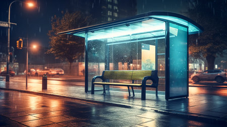 Empty bus stop with blank billboard. Night neon illumination in futuristic city. Mockup of bus station with blank advertising light box. Generative AIの素材