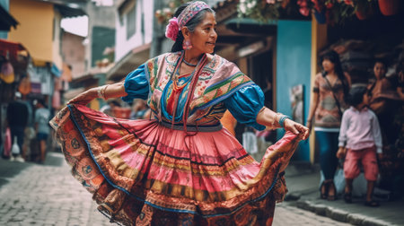 Portrait of beautiful Colombian woman in national costume. Traditional colorful clothes, makeup and jewelry. Female is dancing in street. Generative AIの素材
