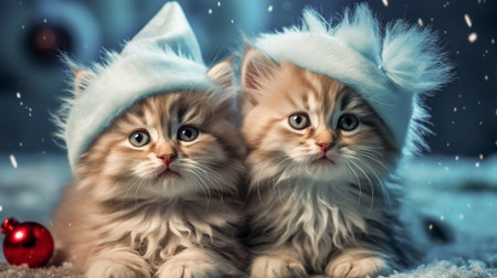 Cute funny kittens in Christmas hats on New Years background with lights and balls.の素材
