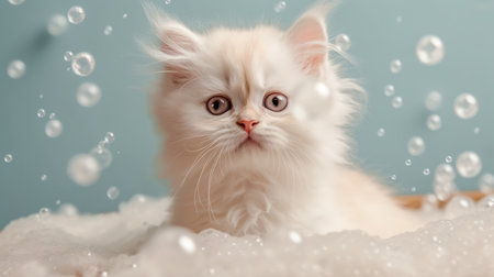 Cute fluffy kitten is washed in white foam on light blue background. Portrait of white cat in soap bubbles. Generative AIの素材
