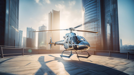 Helicopter lands on roof of skyscraper. Helicopter site in suns sunset. Blue glass skyscrapers with reflection of sun. City landscape of modern metropolis.の素材