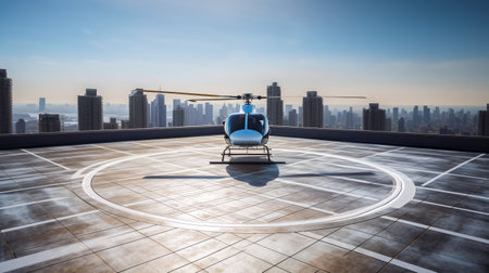 Helicopter lands on roof of skyscraper. Helicopter site in suns sunset. Blue glass skyscrapers with reflection of sun. City landscape of modern metropolis. Generative AIの素材