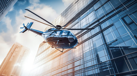 Helicopter lands on roof of skyscraper. Blue glass skyscrapers with reflection of sun. City landscape of modern metropolis. Generative AIの素材