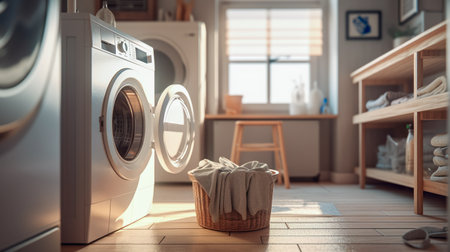 Interior of modern laundry room with laundry basket and contemporary washer suns rays. Generative AIの素材