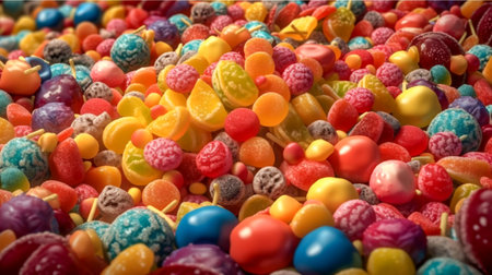 Pile of candy on colorful background, copy space. Generative AIの素材