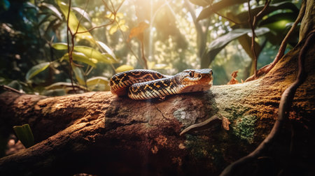 Yellow snake sitting on top of tree branch in forest with sunbeams. Generative AIの素材