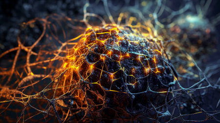 Global neural network. Neural cells with glowing nodes on bright colorful background artificial intelligence. Abstract image. Generative AIの素材