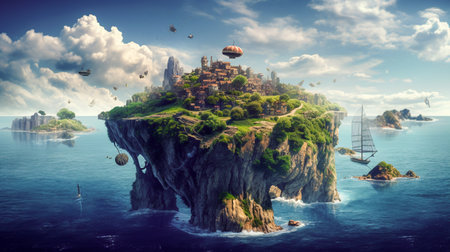 Fantasy flying island in ocean with sky and clouds. Castle on rock with sky background. Generative AIの素材