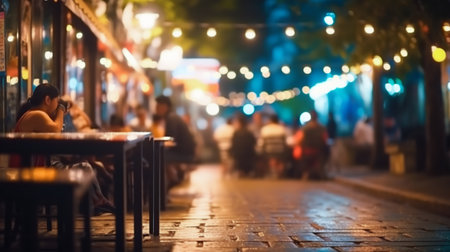 Summer cafes on lively street in the light of bright lights on blur background. Carefree night summer vacation at resort. Concepts festival and holiday. Generative AI