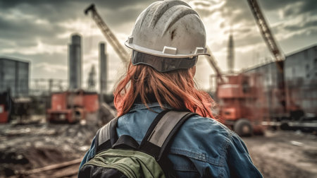 Young woman builder on construction site. Female worker wearing protective helmet inspects construction. Back view. Generative AIの素材