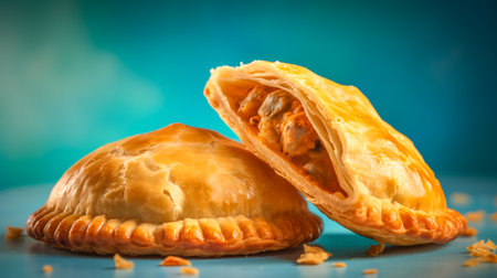 Traditional American meal. Tasty empanadas on blue background. Generative AIの素材