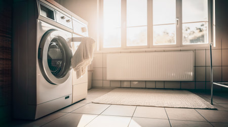 Interior of modern laundry room with laundry basket and contemporary washer suns rays. Generative AIの素材