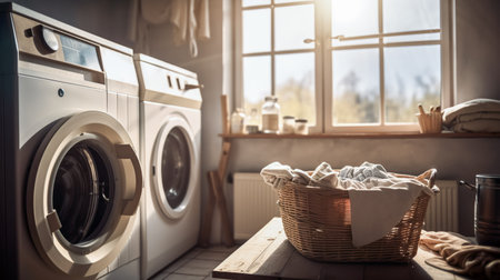 Interior of modern laundry room with laundry basket and contemporary washer suns rays. Generative AIの素材