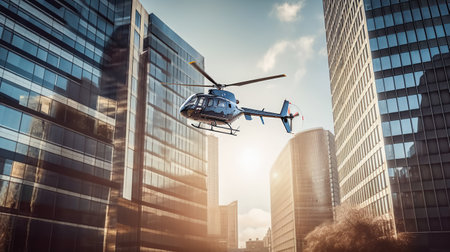 Helicopter lands on roof of skyscraper. Blue glass skyscrapers with reflection of sun. City landscape of modern metropolis. Generative AIの素材