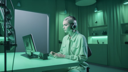 Podcast. Woman sits in room with computer monitor on table. Room for intellectual discussions in light green tones. Generative AIの素材