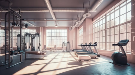 Gym with large window and light on wall. Generative AIの素材