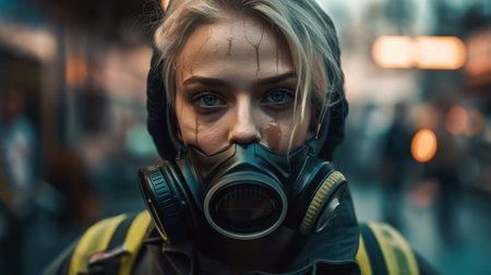 Portrait of female firefighter in protective clothing. Girls face stained in soot after extinguishing fire. Generative AIの素材