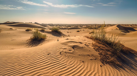 Sand dunes in desert with blue sky in background. Generative AIの素材