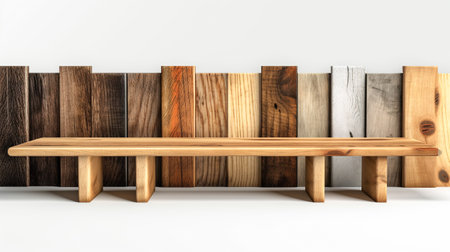 Collection of different wood planks sit in front of wall. Wood samples. Isolated on white background. Generative AIの素材